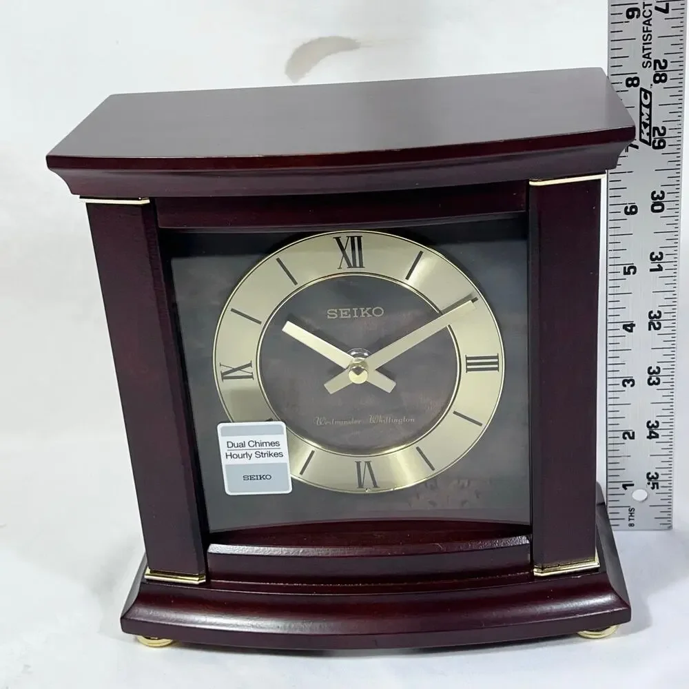Seiko Dark Brown Wood Gold Mantel Clock Dual Chimes Westminster QXJ030B New